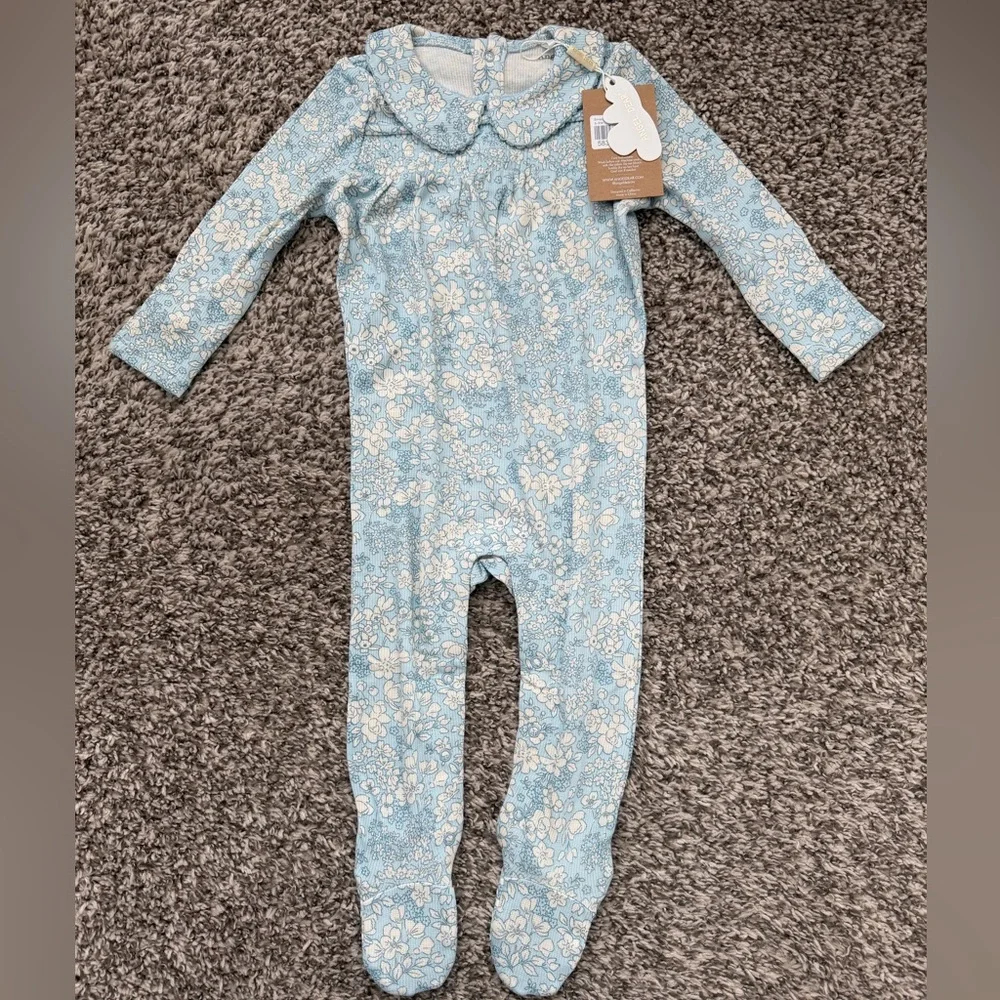 NWT Angel Dear Smocked Peter Pan Footie Blue Meadow Floral 6-9M - Picture 4 of 8
